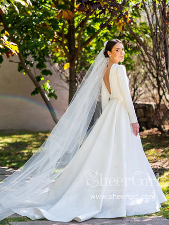 Embroidery A Line Ivory Satin Modest Long Sleeves Simple Wedding Dresses AWD1927-SheerGirl