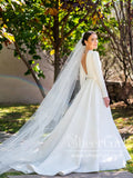 Embroidery A Line Ivory Satin Modest Long Sleeves Simple Wedding Dresses AWD1927-SheerGirl
