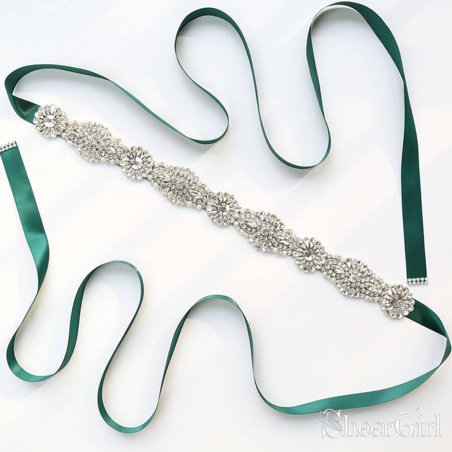 Emerald Green Crystal Bridal Sashes with Ribbon ACC1164-SheerGirl
