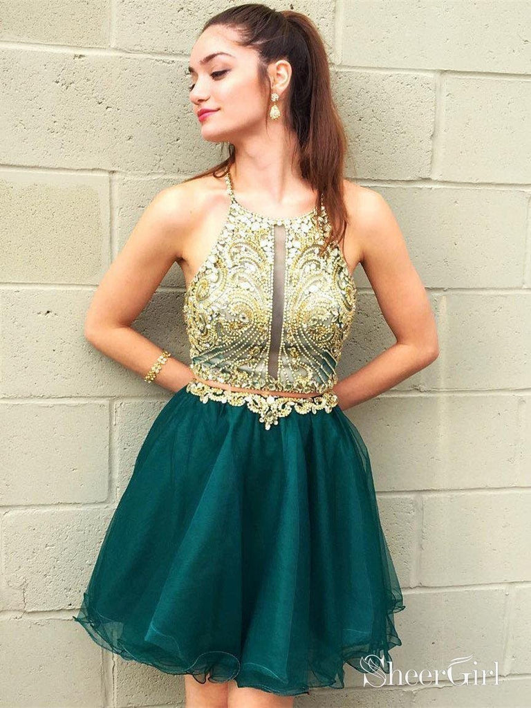 Emerald Green Organza Homecoming Dresses with Gold Beaded Top ARD1807-SheerGirl