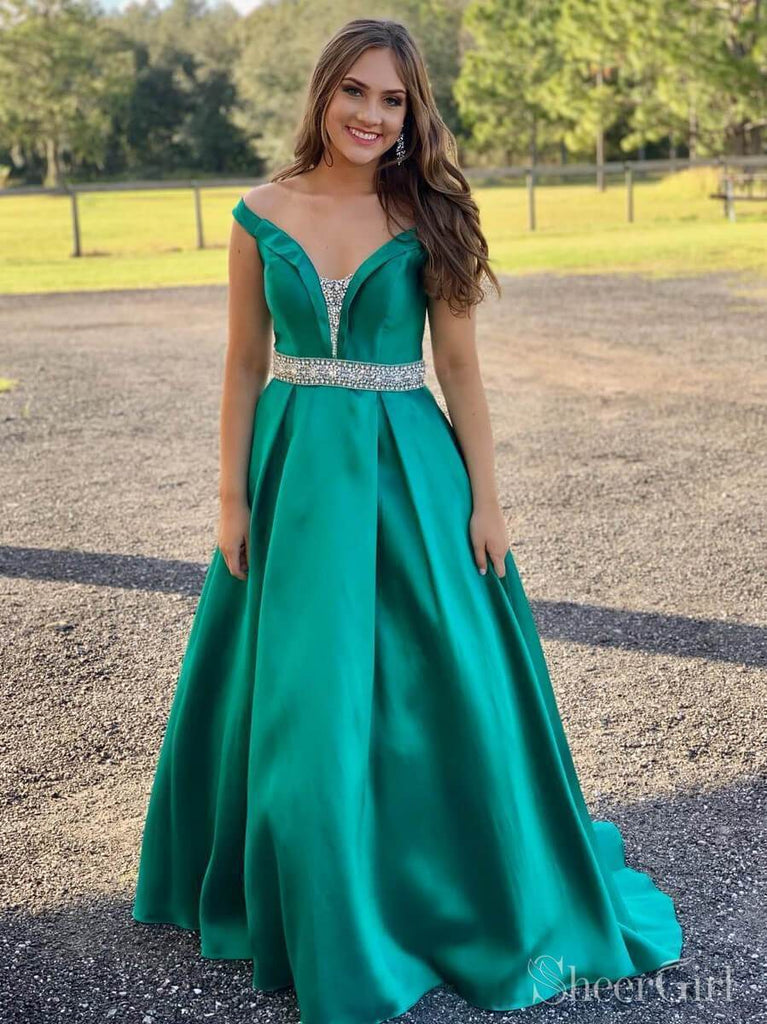 Emerald Green Satin Long Prom Dresses Off the Shoulder Beaded Prom