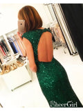 Emerald Green Sequin Open Back Mermaid Prom Dresses with Slit APD2172-SheerGirl
