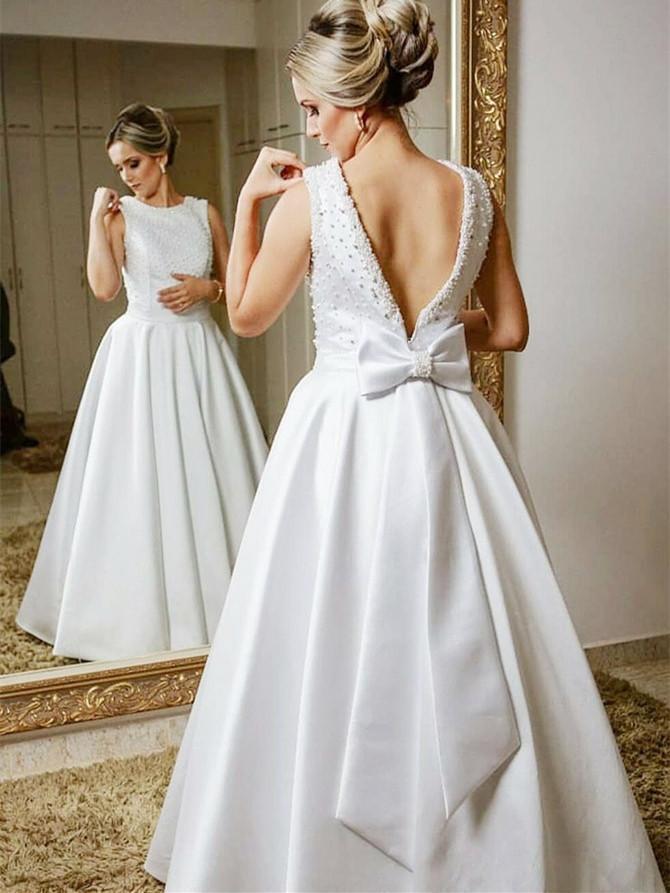 Floor Length Ball Gown Wedding Dresses Cheap Beaded Bridal Dress with Bow AWD1236-SheerGirl