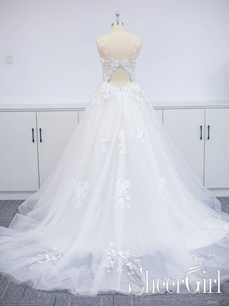 Floral Applique Beach Wedding Dresses Backless Boho Wedding Gown AWD1568