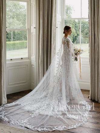 Floral Appliqued Sweetheart Neck Sheath Wedding Dress with Cape AWD1908-SheerGirl