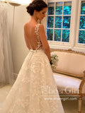 Floral Lace A Line Wedding Dress Backless Bridal Gown with Sweep Train AWD1838-SheerGirl