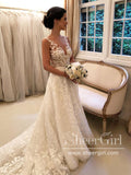 Floral Lace A Line Wedding Dress Backless Bridal Gown with Sweep Train AWD1838-SheerGirl