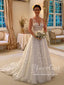 Floral Lace A Line Wedding Dress Backless Bridal Gown with Sweep Train AWD1838