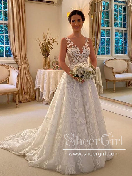 Floral Lace A Line Wedding Dress Backless Bridal Gown with Sweep Train AWD1838 Floral Lace A Line Wedding Dress Backless Bridal Gown with Sweep Train AWD1838