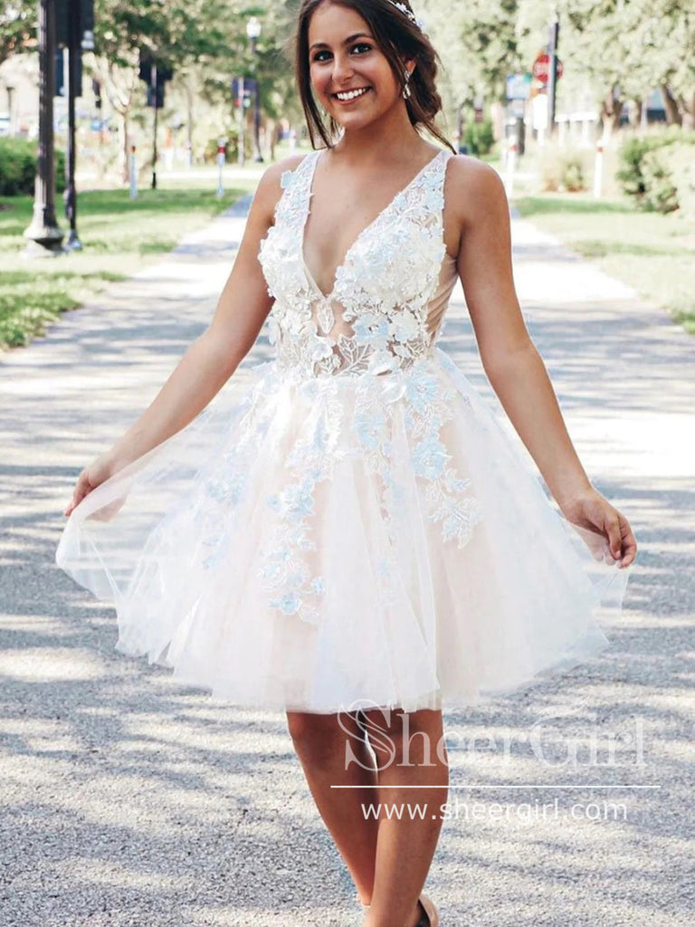 Floral Lace Fairy Short Prom Dress V Neck Homecoming Dress ARD2815-SheerGirl