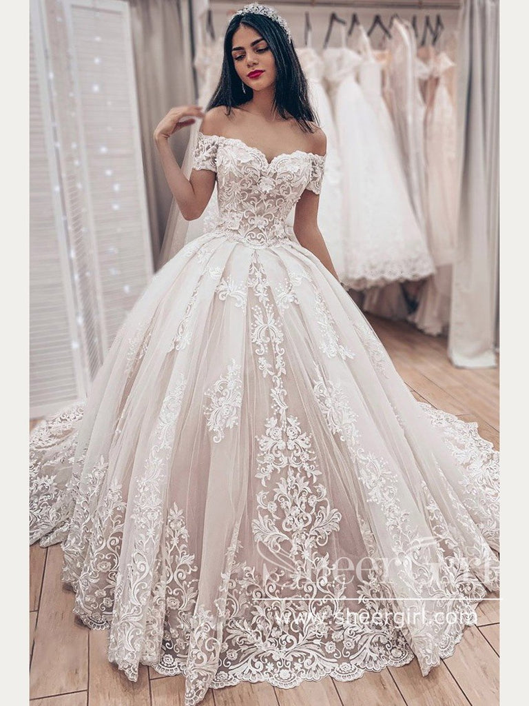 Floral Lace Princess A-line Wedding Dress with Sleeves Ball Gown Bridal Dress AWD1788-SheerGirl