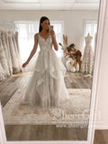 Floral Lace Princess Tiered A-Line Wedding Gown with Cascading Layers Chapel Train AWD1816B-SheerGirl