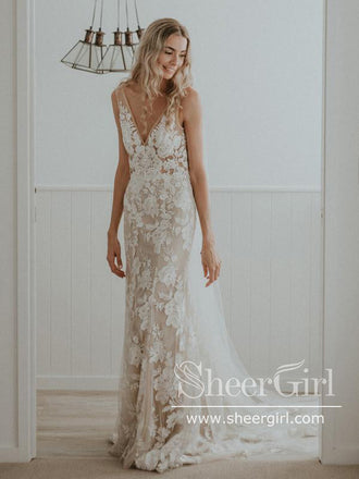 Floral Lace V Neck Sheath Boho Wedding Dress Mermaid Wedding Gown AWD1920-SheerGirl
