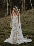 Floral Lace V Neck Sheath Boho Wedding Dress Mermaid Wedding Gown AWD1920-SheerGirl