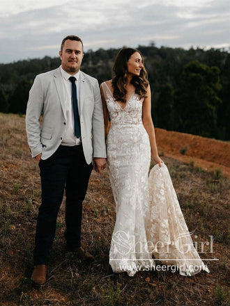 Floral Lace V Neck Sheath Boho Wedding Dress Mermaid Wedding Gown AWD1920-SheerGirl