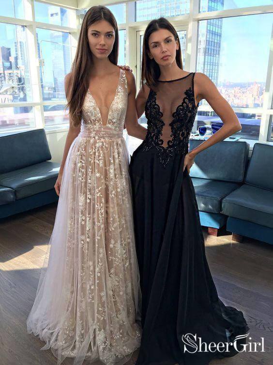 Floral Tulle Lace Nude Long Prom Dresses Sexy V Neck Prom Dress ARD1946-SheerGirl