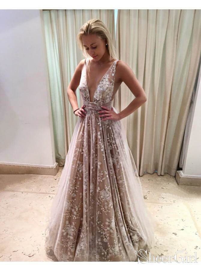 Floral Tulle Lace Nude Long Prom Dresses Sexy V Neck Prom Dress ARD1946-SheerGirl
