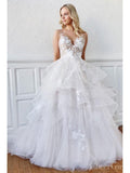 Floral V Neck Ball Gown Wedding Dresses Layered Skirt Wedding Dress AWD1557-SheerGirl