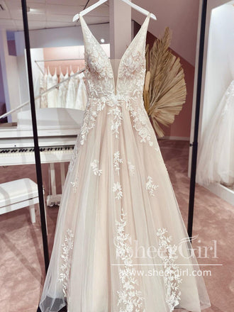 Floral Vintage Lace Bridal Gown V Neck Wedding Dress AWD1868-SheerGirl
