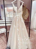 Floral Vintage Lace Bridal Gown V Neck Wedding Dress AWD1868-SheerGirl