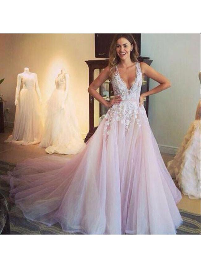 Flower Appliqued Light Pink Wedding Dresses with Chapel Train apd1781 SheerGirl Flower Appliqued Light Pink Wedding Dresses with Chapel Train apd1781 SheerGirl