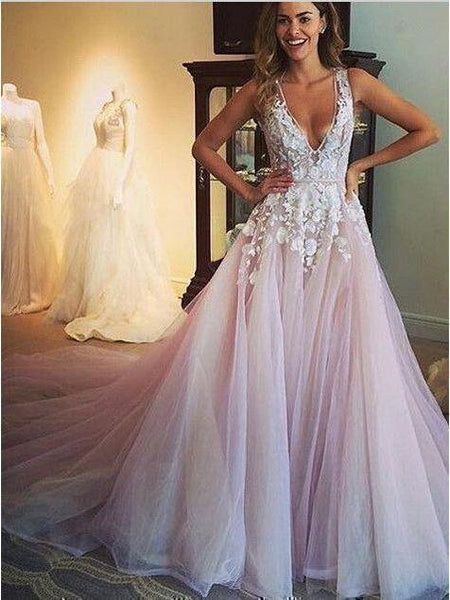 Flower Appliqued Light Pink Wedding Dresses with Chapel Train apd1781 –  SheerGirl