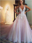 Flower Appliqued Light Pink Wedding Dresses with Chapel Train apd1781