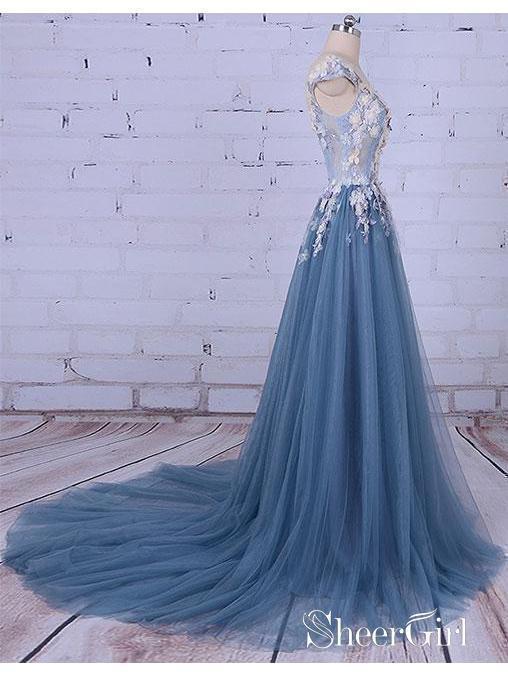 Flower Appliuqed Beaded Dusty Blue Prom Dresses Illusion Tulle Formal Dresses ARD1001-SheerGirl