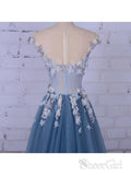 Flower Appliuqed Beaded Dusty Blue Prom Dresses Illusion Tulle Formal Dresses ARD1001-SheerGirl