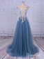 Flower Appliuqed Beaded Dusty Blue Prom Dresses Illusion Tulle Formal Dresses ARD1001