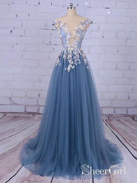 strapless open back dress Flower Appliuqed Beaded Dusty Blue Prom Dresses Illusion Tulle Formal Dresses ARD1001