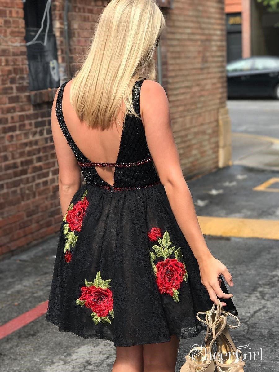 junior homecoming dresses black Flower Embroidered Junior Homecoming Dresses Short Black Lace Hoco Dresses ARD1118