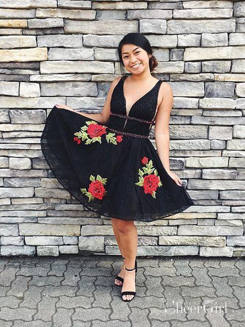 Flower Embroidered Junior Homecoming Dresses Short Black Lace Hoco Dresses ARD1118-SheerGirl