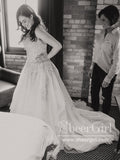Flowy Boho Tulle Bridal Gown with Floral Lace Rhinestone Details Sweep Train Wedding Dress AWD1794-SheerGirl