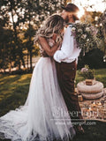 Flowy Boho Tulle Bridal Gown with Vine Lace Feather Details Sweep Train Wedding Dress AWD1771-SheerGirl