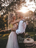 Flowy Boho Tulle Bridal Gown with Vine Lace Feather Details Sweep Train Wedding Dress AWD1771-SheerGirl