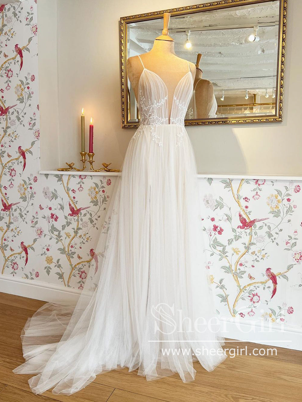 Flowy Tulle Lace Wedding Gown Boho A Line Wedding Dress