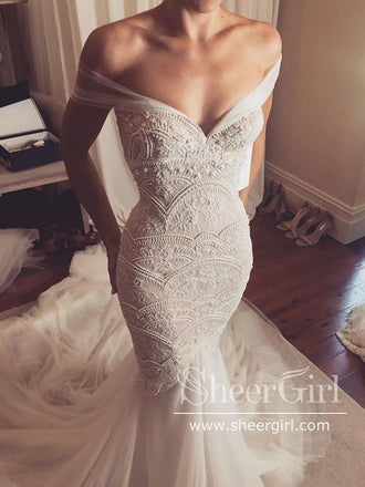 Garden Lace Mermaid Off-the-Shoulder Wedding Dress with Tulle Chapel Train AWD1778-SheerGirl