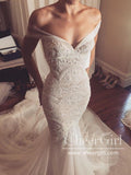 Garden Lace Mermaid Off-the-Shoulder Wedding Dress with Tulle Chapel Train AWD1778-SheerGirl