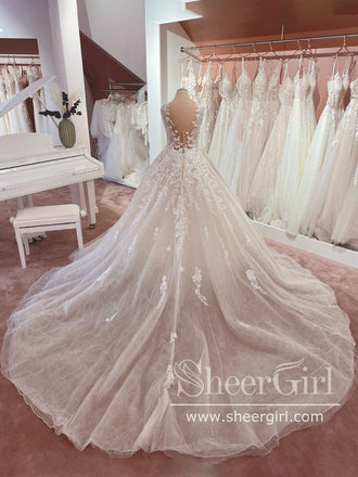 Gliter Tulle Illusion Neckline Gorgeous Ball Gown Wedding Dress with Court Train AWD1817-SheerGirl