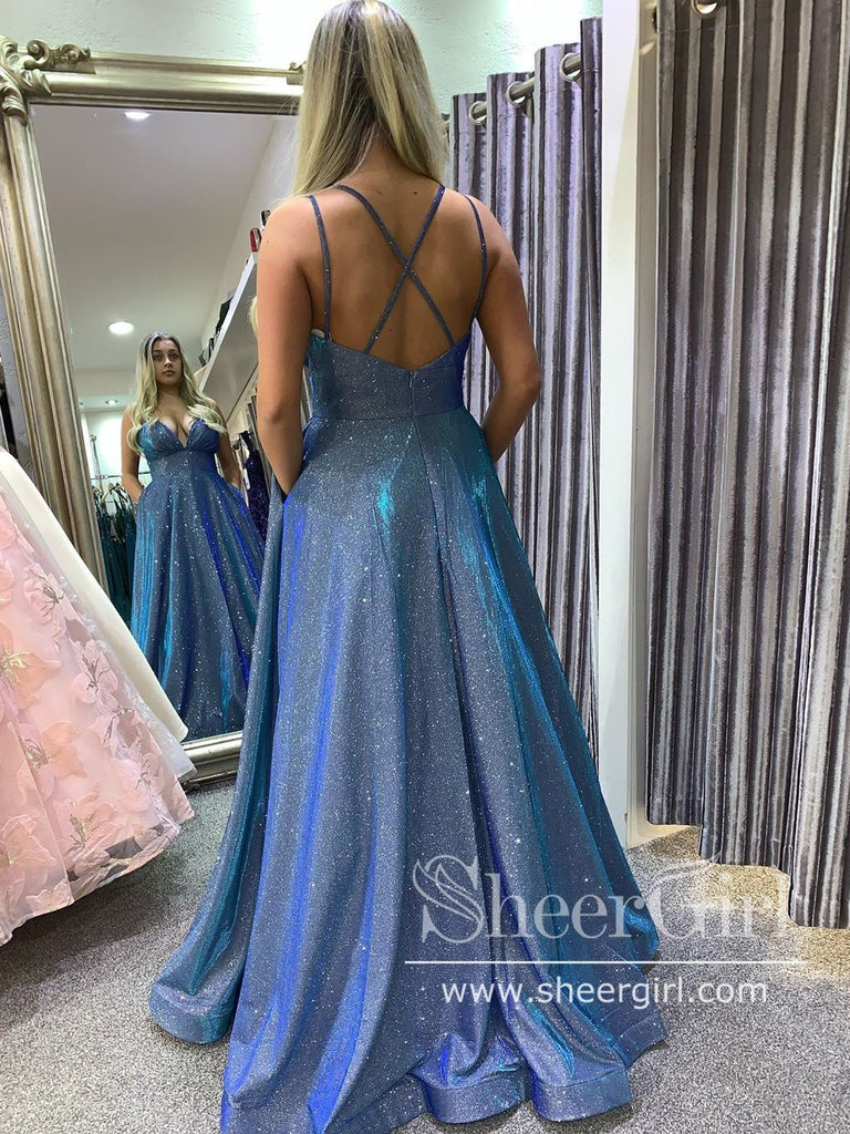 Glitter Fabric Pleated Bust Double Spaghetti Straps Acrossed Back A Line Long Prom Dress ARD2583-SheerGirl