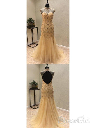 Gold Beaded 20's Gatsby Themed Party Dresses Open Back Vintage Mermaid Prom Dresses ARD1027-SheerGirl