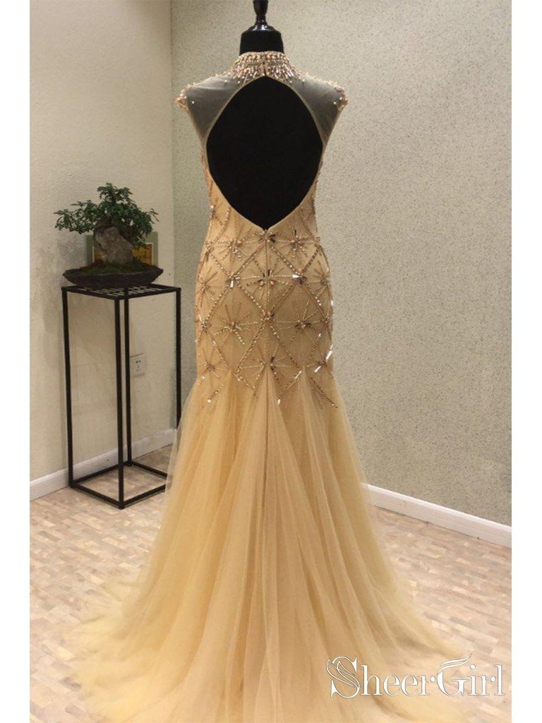 Gold Beaded 20's Gatsby Themed Party Dresses Open Back Vintage Mermaid Prom Dresses ARD1027-SheerGirl