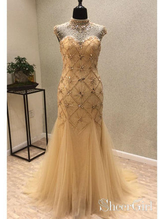 Gold Beaded 20's Gatsby Themed Party Dresses Open Back Vintage Mermaid Prom Dresses ARD1027-SheerGirl