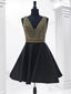 Gold Beaded Black Homecoming Dresses Simple V Neck Little Black Dress ARD1693