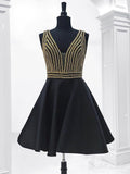 Gold Beaded Black Homecoming Dresses Simple V Neck Little Black Dress ARD1693-SheerGirl