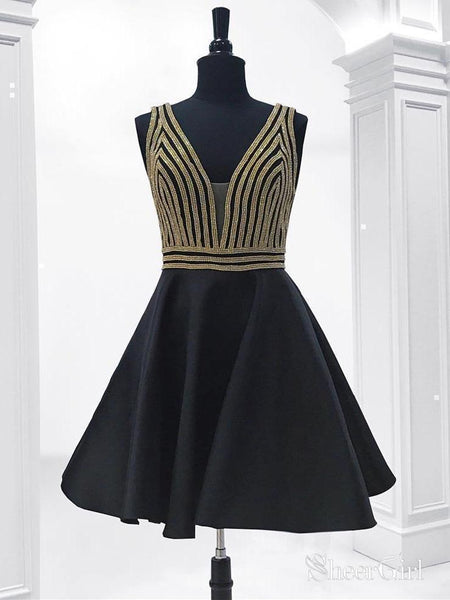 Gold Beaded Black Homecoming Dresses Simple V Neck Little Black Dress ARD1693