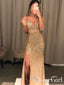 Gold Beaded Glistening Illusion V Neck Party Dress Backless Mermaid Long Prom Dress ARD2527