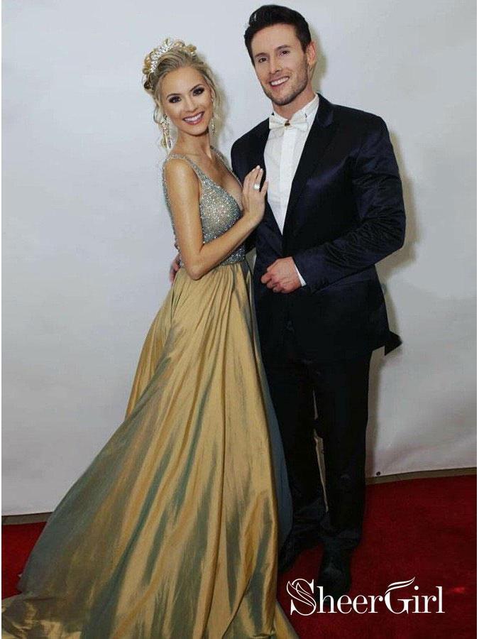Gold Beaded V Neck Cheap Prom Dresses Long Sexy Formal Dresses for Women Plus Size APD3301-SheerGirl