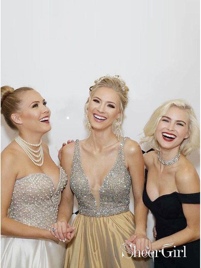 Gold Beaded V Neck Cheap Prom Dresses Long Sexy Formal Dresses for Women Plus Size APD3301-SheerGirl